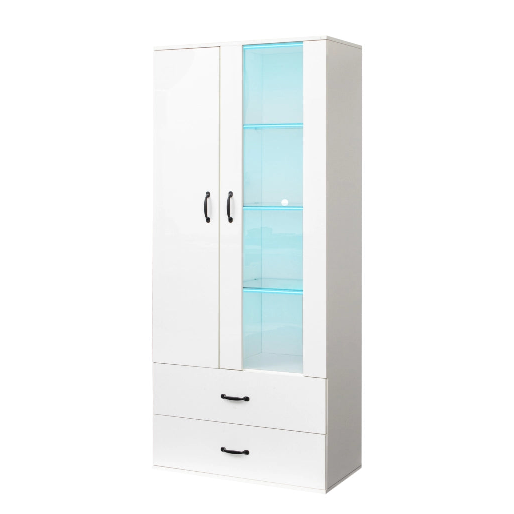 Vetrina con LED e 2 ante, 5 vani e ripiani in vetro, per soggiorno, in legno truciolare, bianca, 59,5 × 35 × 182 cm
