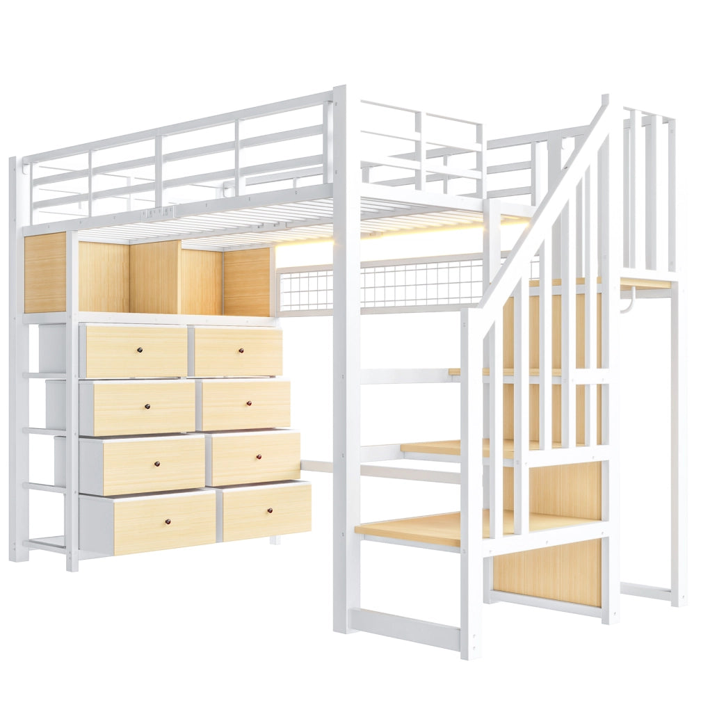 Letto a soppalco 90x200 cm con 8 cassetti, LED e scala in MDF e metallo bianco