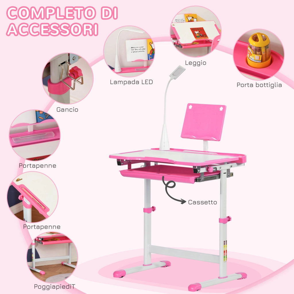 Scrivania Regolabile con Sedia per Bambini ¨C zephmum ¨C Rosa, 70x49.5x80-105 cm
