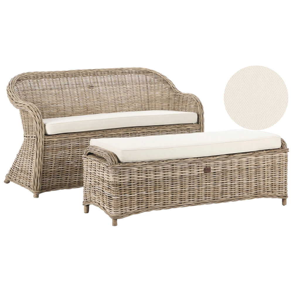 Panca 2 posti in rattan naturale con cuscini tessuto bianco sporco stile boho esterno giardino