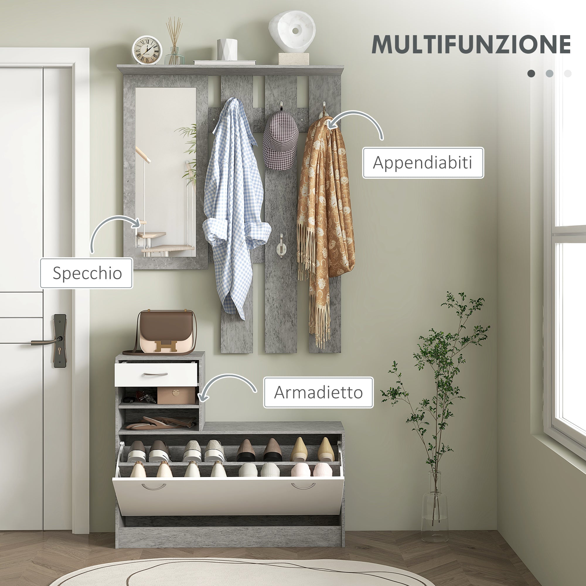 Mobile Guardaroba per Ingresso con Specchio Appendiabiti e Scarpiera Regolabile Grigio