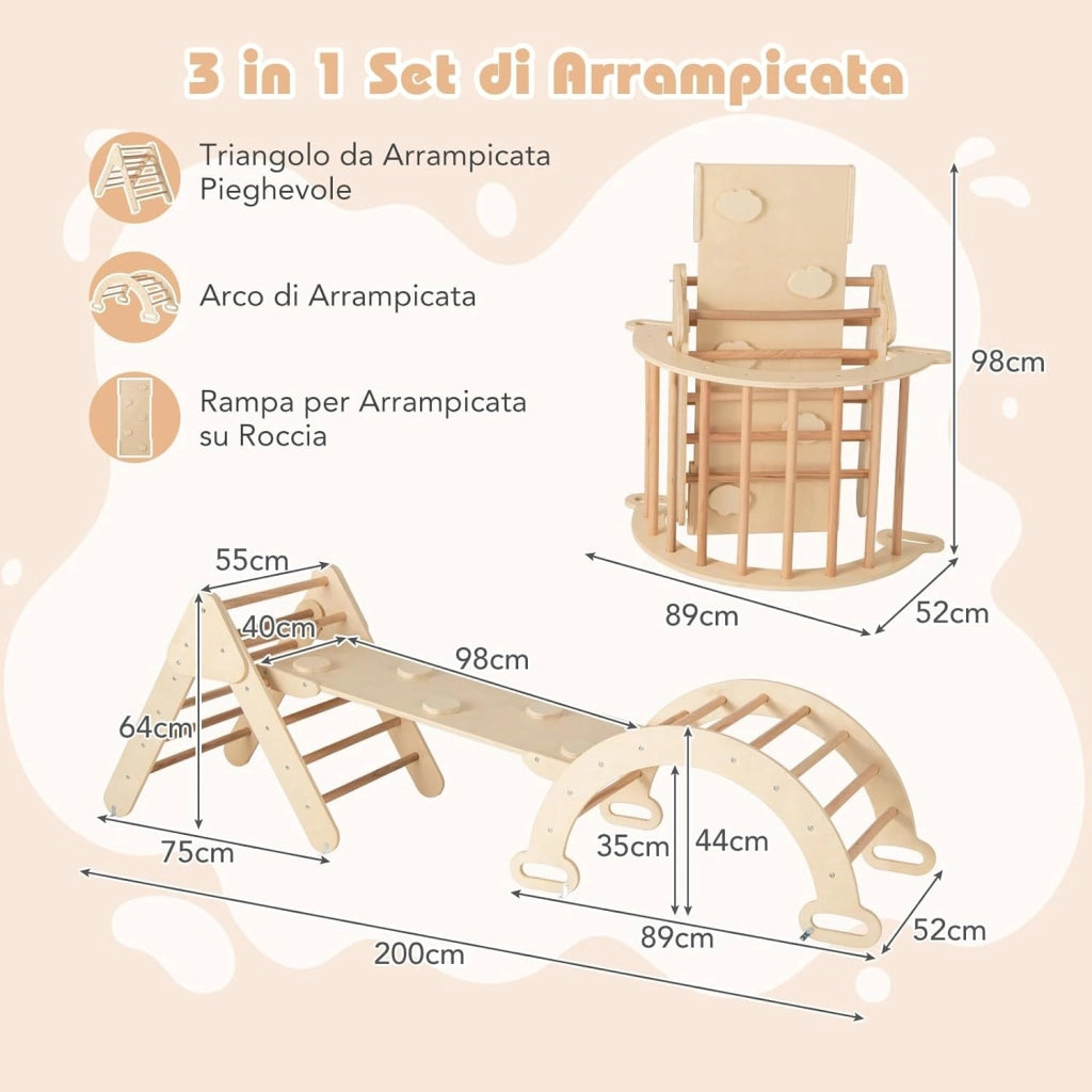 4 in 1 Set da Arrampicata per Bambini, Giocattoli da Arrampicata a Triangolo con Triangolo Arco e Salita, Ideale per Bambini 1 Anni + (Naturale)