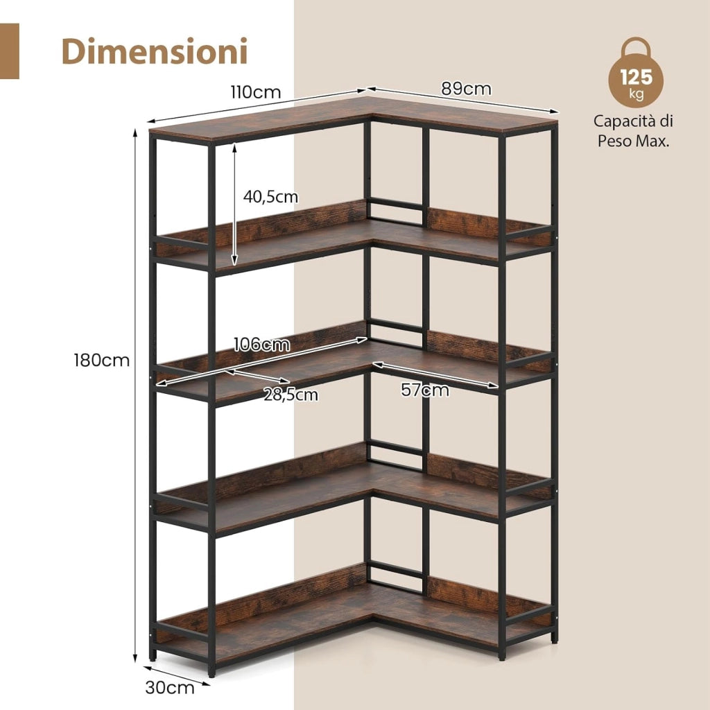 Libreria ad Angolo 180 cm, Libreria a 5 Ripiani a Forma di L con Struttura in Metallo, Scaffale Espositivo Aperto Industriale per Soggiorno Studio Ufficio e Casa, 110 x 89 x 180 cm