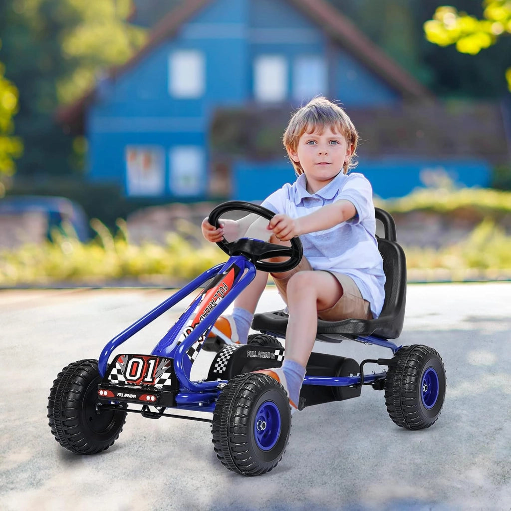 Go Kart a Pedali per Bambini, Macchina per Bambini con Sedili Regolabili in 2 Posizioni e 4 Ruote Antisdrucciolo, Carico 30 kg, per 3 Anni + (Blu, 92 X 50 X 53 CM)