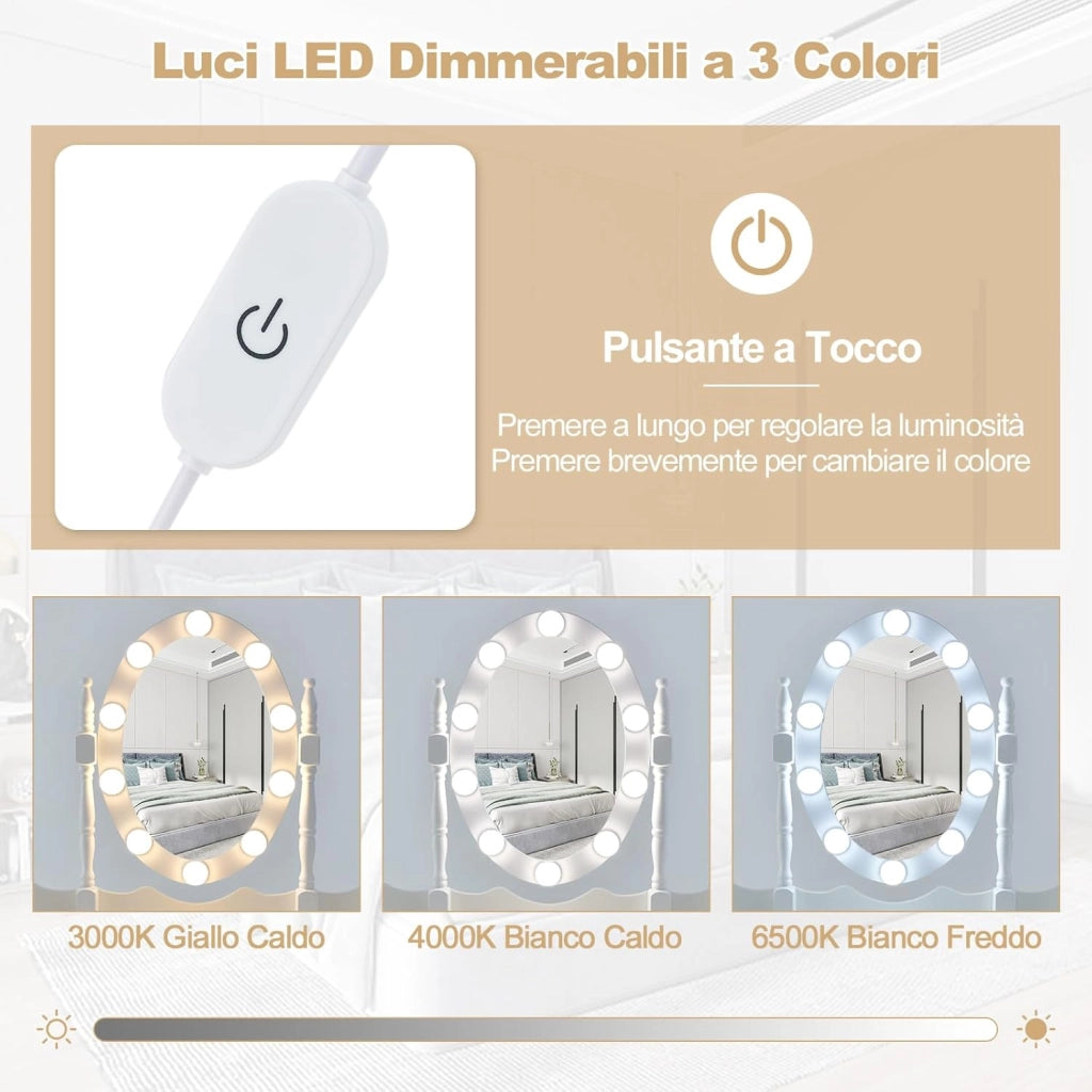 Toeletta da Trucco con 10 Luci LED, Set Tavolo da Trucco con 4 Cassetti e Sgabello, Specchio Girevole 360°, Consolle Toeletta per Soggiorno Camera da Letto, 75 x 40 x 145 cm (Bianco)