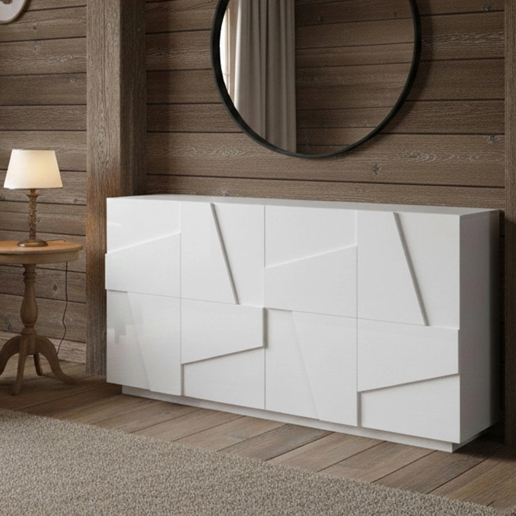Credenza moderna a 4 Augusto, Made in Italy, Madia da cucina, Buffet di design da soggiorno, cm 162x44h86, Bianco lucido