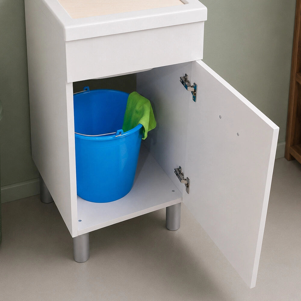 Mobile lavatoio 44x59 cm bianco opaco con anta e vasca incluso di asse di lavaggio e kit di scarico Medea