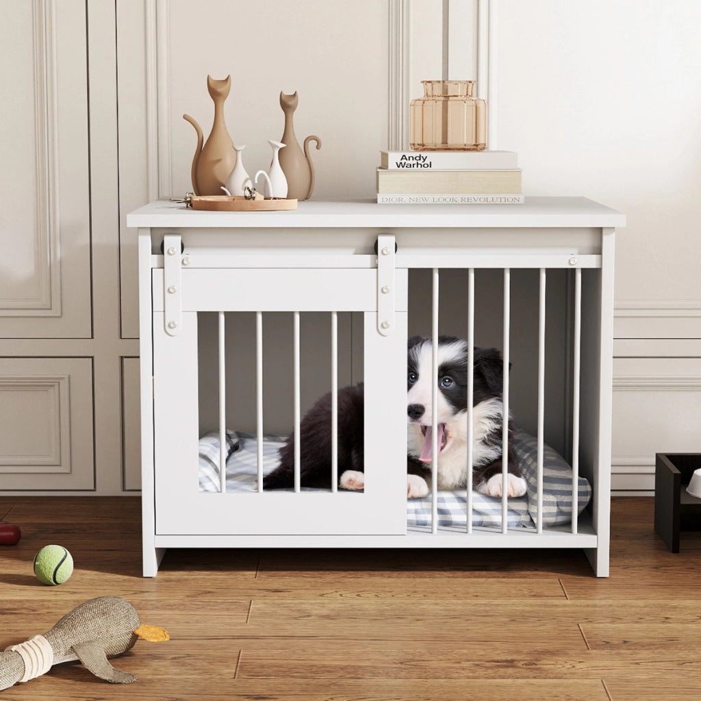 Cuccia per cani gabbia in legno con ampio piano superiore e porta scorrevole, Cuccia moderna di piccola Bianco-Casette e lettini