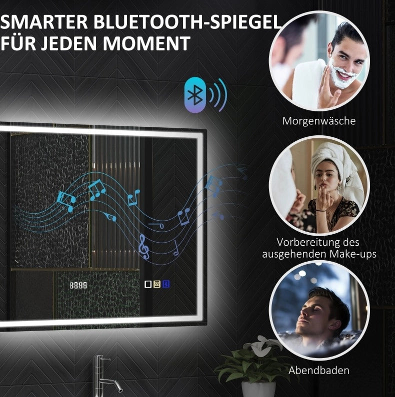 Specchio da bagno LED Bluetooth con orologio digitale e antiappannamento