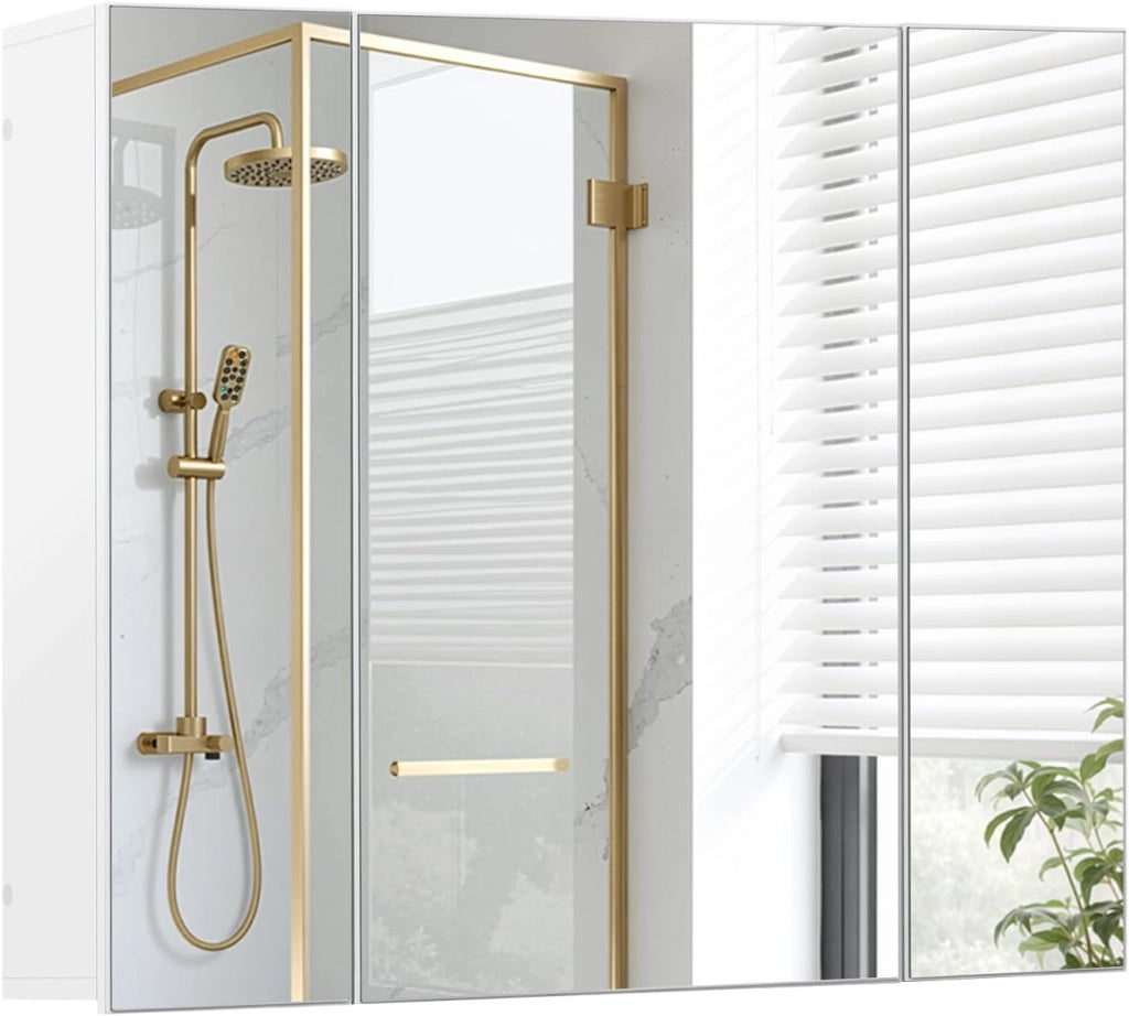 Armadietto Bagno con Specchio, Mobile Bagno Sospeso, con 3 Ante, Ganci, Ripiani Regolabili, Stile Nordico, Bianco, 70x14,5x61 cm