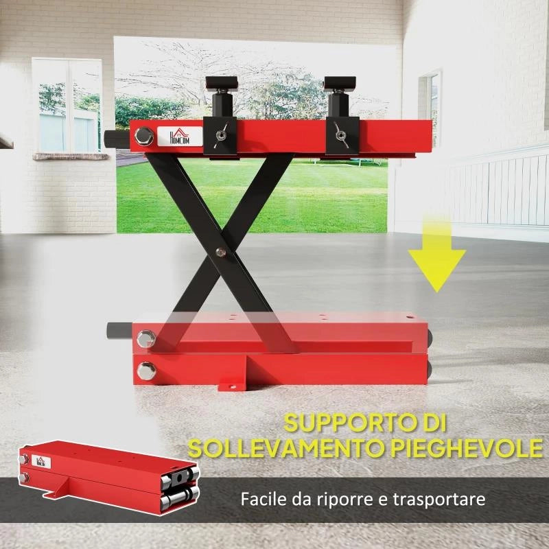 CAVALLETTO ALZAMOTO IN ACCIAIO CAPACITÓ 500KG, PIEGHEVOLE CON ALTEZZA REGOLABILE E MANOVELLA, ROSSO
