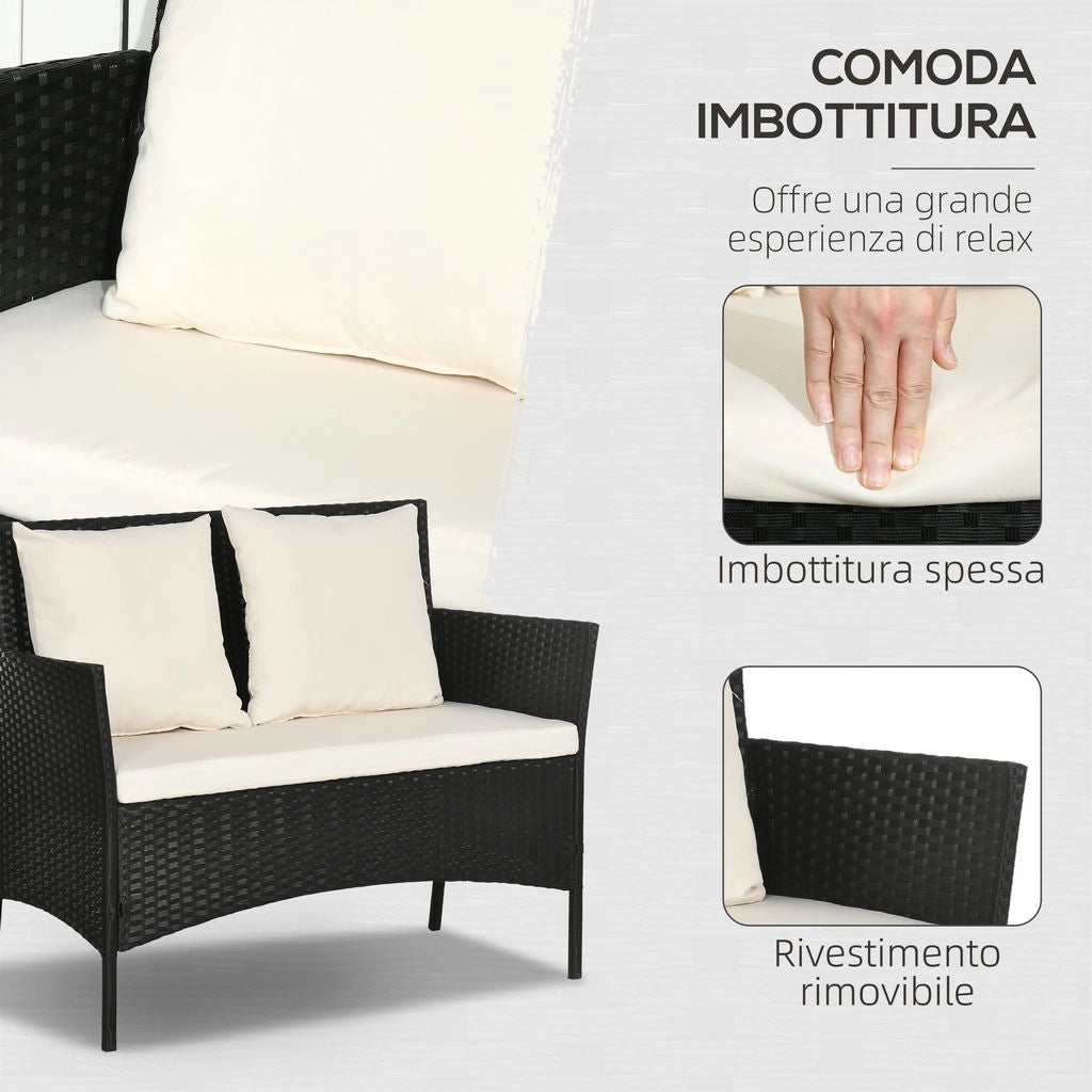 SET DA GIARDINO 4PEZZI IN RATTAN CON 2 SEDIE, POLTRONA DA GIARDINO A 2 POSTI E TAVOLINO BASSO