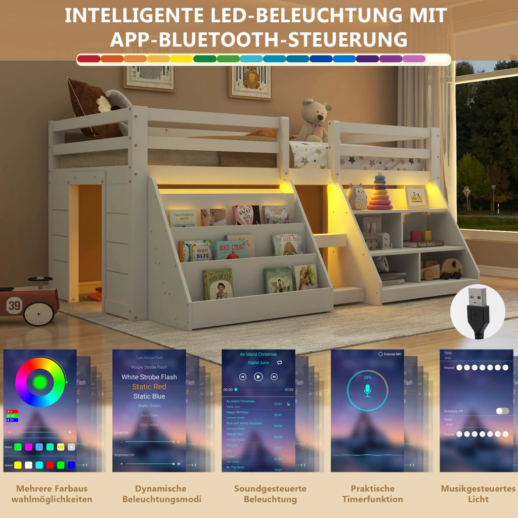 Letto a soppalco 90x200 cm con LED; contenitori aperti; scala e sponde; bianco