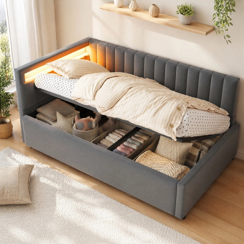 Letto imbottito 90x200 cm con LED e vano contenitore grigio