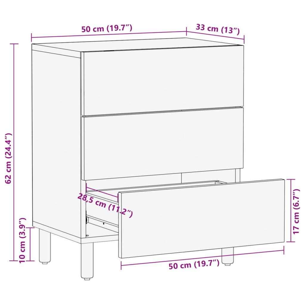 comodino  50x33x62 cm in legno massello di acacia