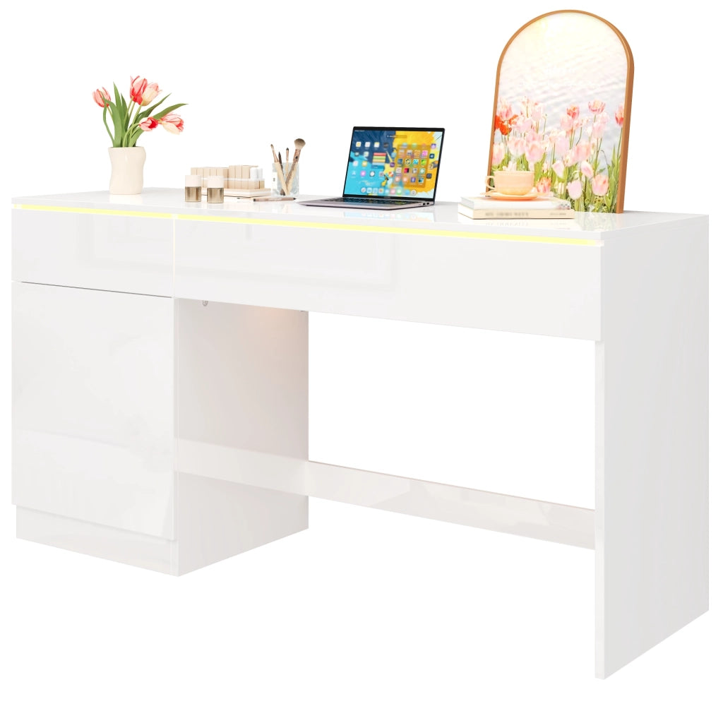 Scrivania moderna lucida 120 x 50 cm con LED, 2 cassetti e 1 anta, bianca