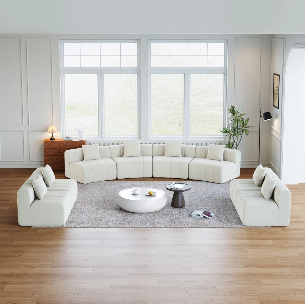 DIVANO Modulare Curvo in Chenille Beige con 2 Cuscini
