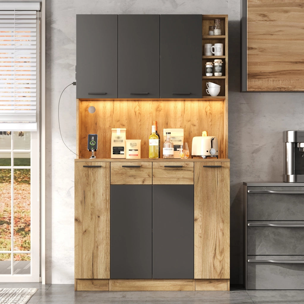 ARMADIO DA CUCINA 100x40x180 cm MDF Nero/Naturale con LED e prese