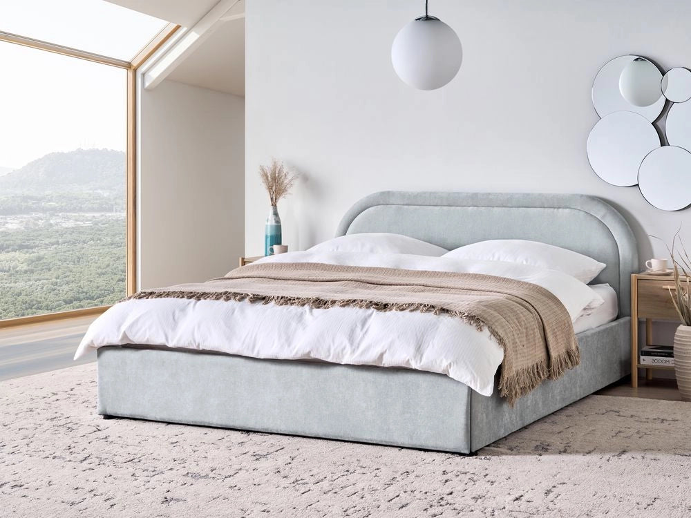 Letto matrimoniale EU Azzurro Tessuto  di ciniglia 160 x 200 cm Struttura imbottita con contenitore