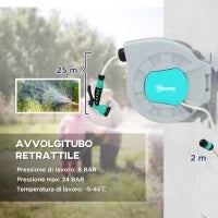 Avvolgitubo Automatico a Parete e Portatile Lunghezza 25+2 m, Sistema di Blocco e 7 Getti, Grigio