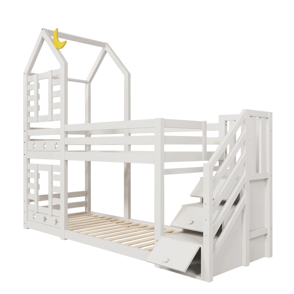 Letto a castello per bambini con cassetti e scala contenitore, 90 x 200 cm, bianco, con reti a doghe