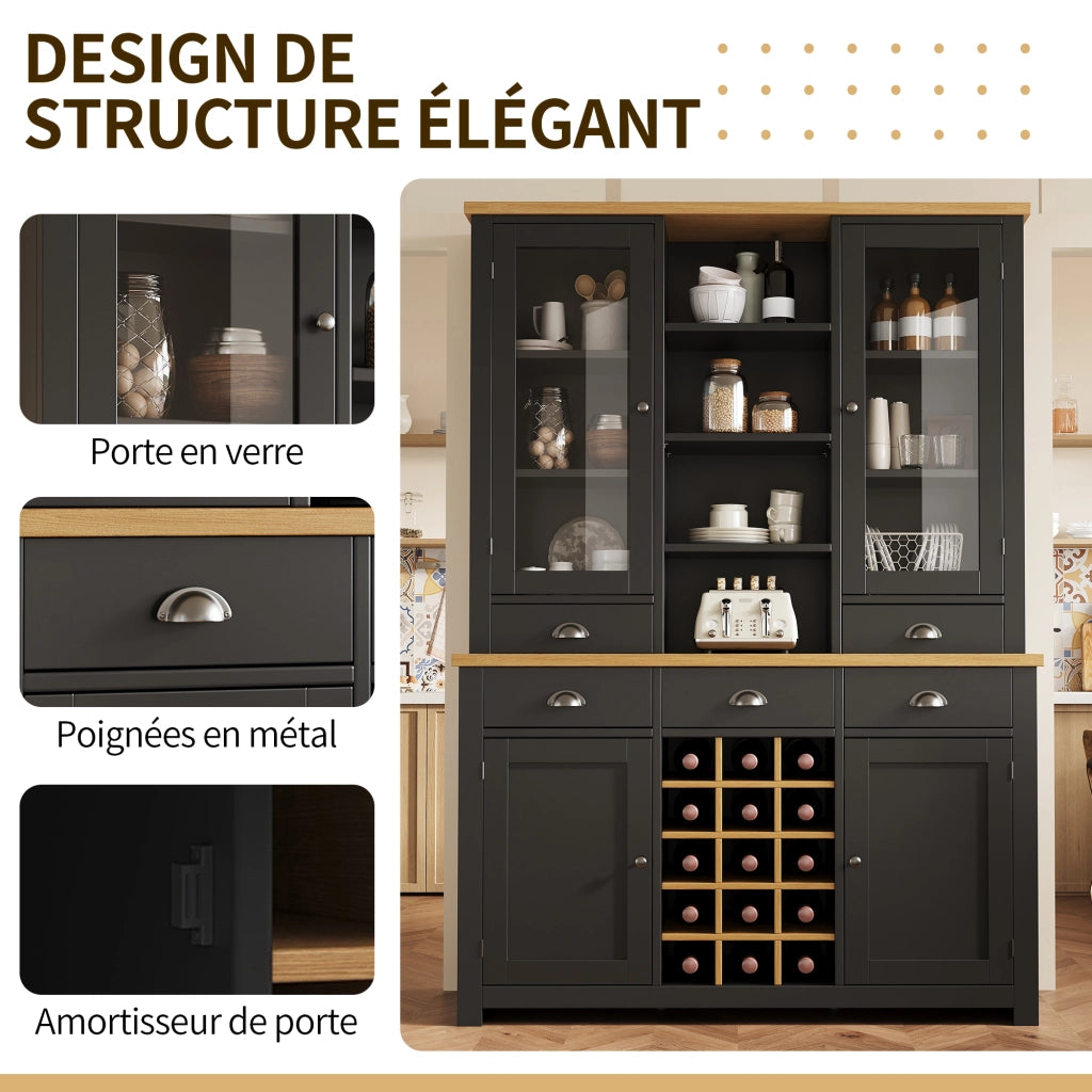 Credenza alta con vetrina 5 cassetti ripiano regolabile soft-close e portabottiglie estraibile per cucina e soggiorno
