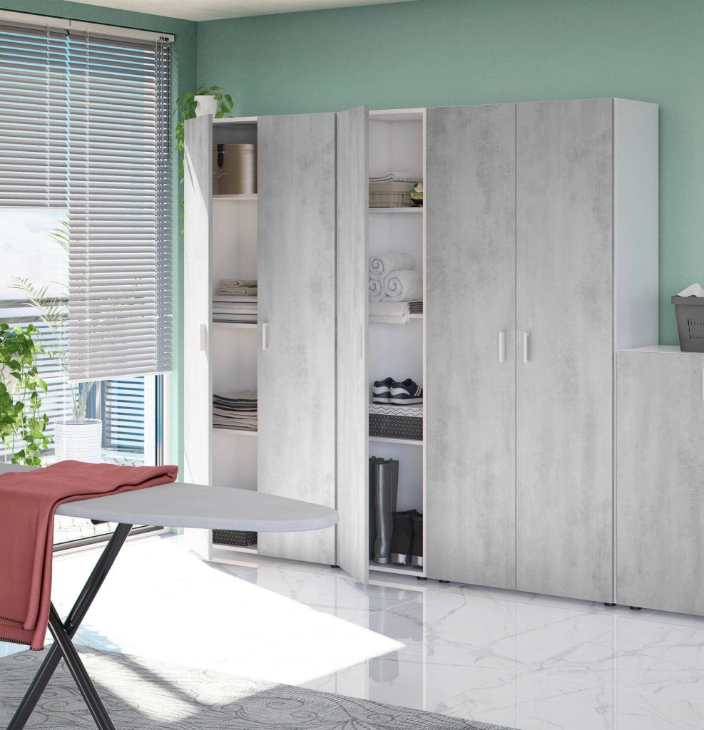 Armadio multiuso Avlis, Mobile ausiliario a 1 anta e 3 ripiani, Guardaroba moderno, Mobile alto a colonna, cm 41x37h182, Cemento e Bianco