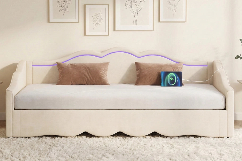 DESMIU Lit simple 90 × 200 cm estensibile a 180 × 200 cm con LED, USB, Type-C, senza materasso, in velluto beige