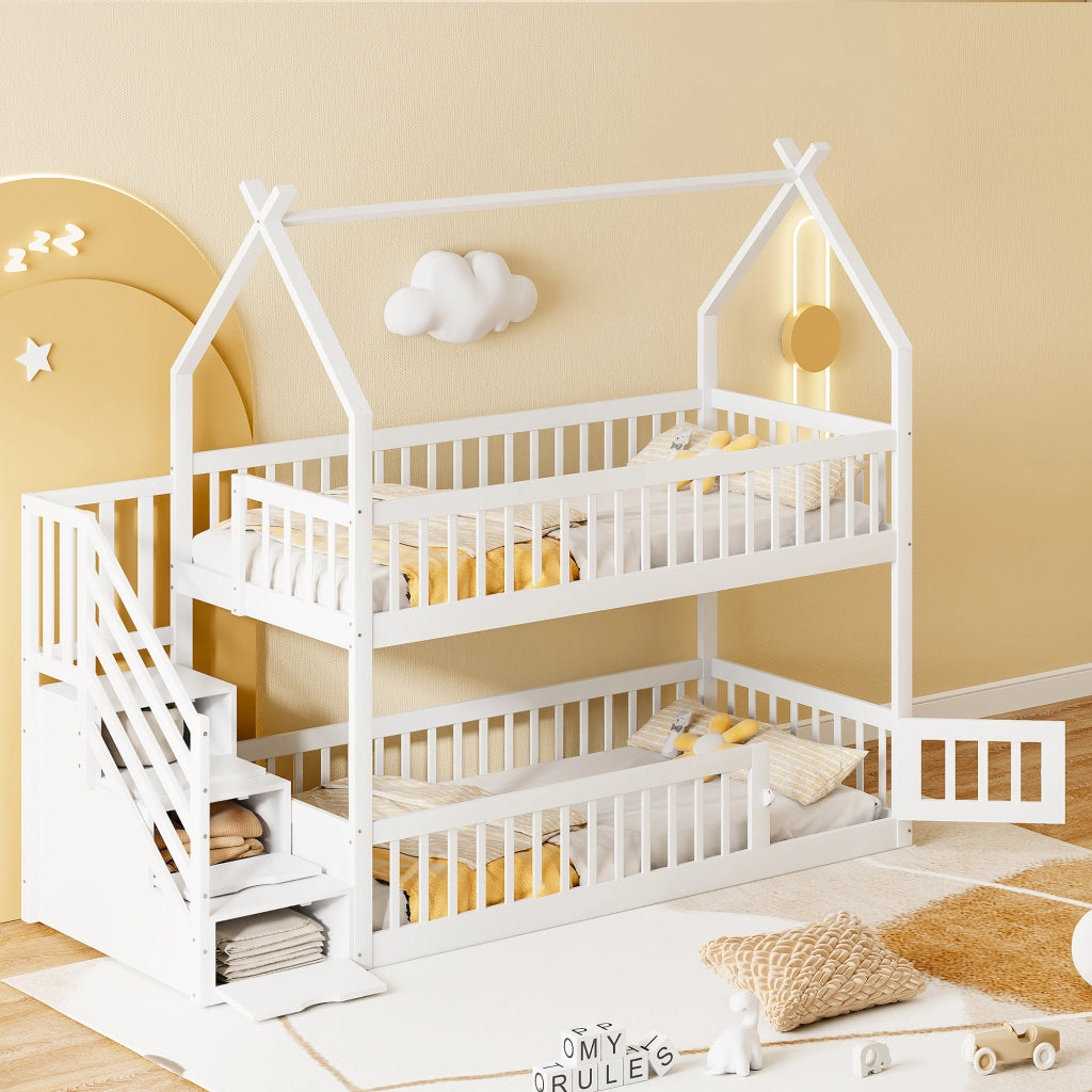 Letto a castello per bambini 90x200 cm in legno massiccio con tetto, scala con cassetti e letto inferiore multifunzionale