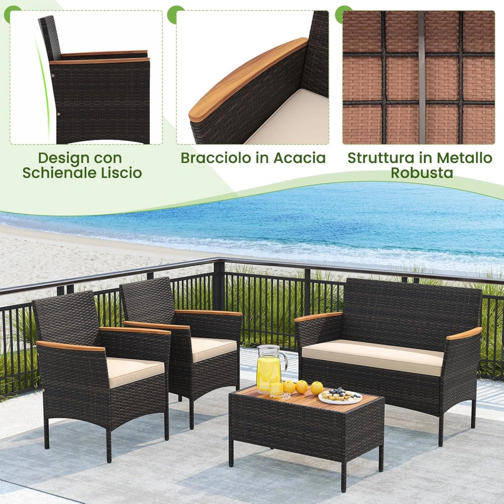 Salotto da Giardino Esterno 4 Pezzi in Rattan, Set da Conversazione da Esterno con 1 Tavolino Basso, 1 Divanetto e 2 Sedie, Cuscini Sfoderabili, per Patio, Balcone, Piscina
