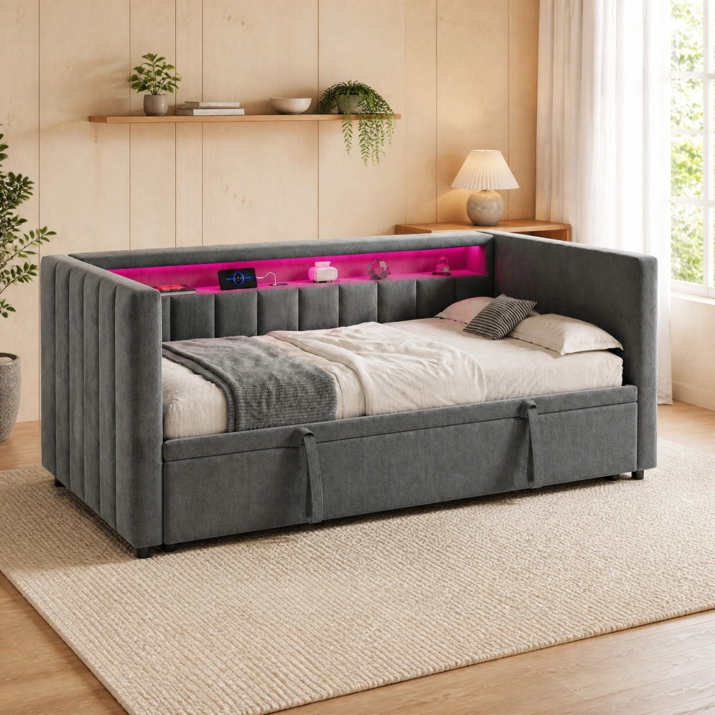 Divano letto estraibile in velluto con LED, USB-C e contenitore