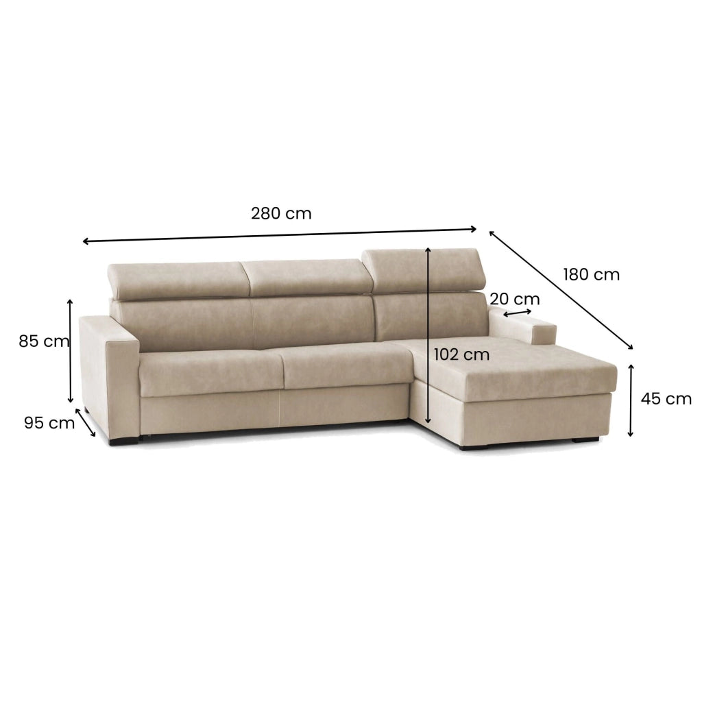 Divano Letto Allevatore, Divano ad angolo, Made in Italy, SofÒ  con apertura girevole, con Penisola contenitore Destra, con Braccioli standard, cm 280x95h85, Beige
