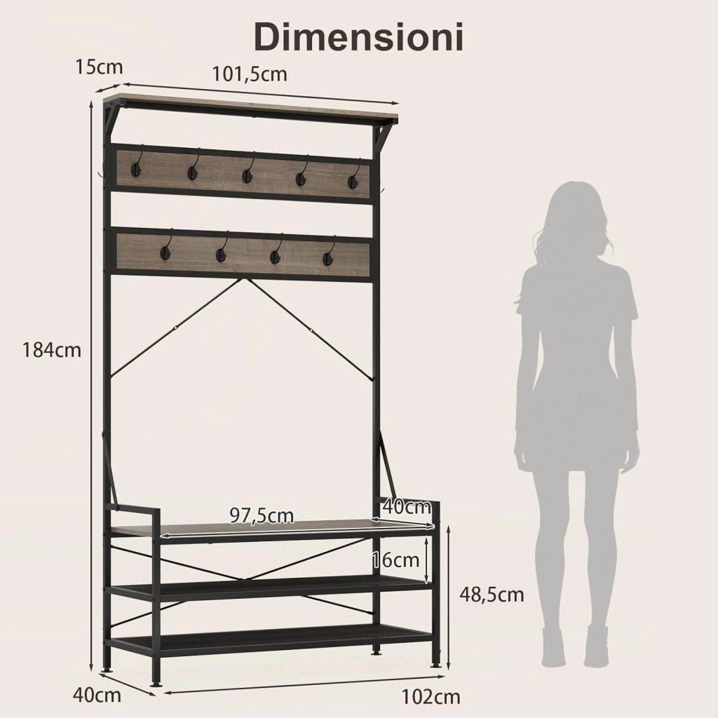 4 in 1 Appendiabiti da Ingresso, Armadio con Panca per Scarpe Scarpiera a 2 Ripiani, Struttura in Metallo e Kit Antivibrazione, 102 x 40 x 184 cm (Grigio)