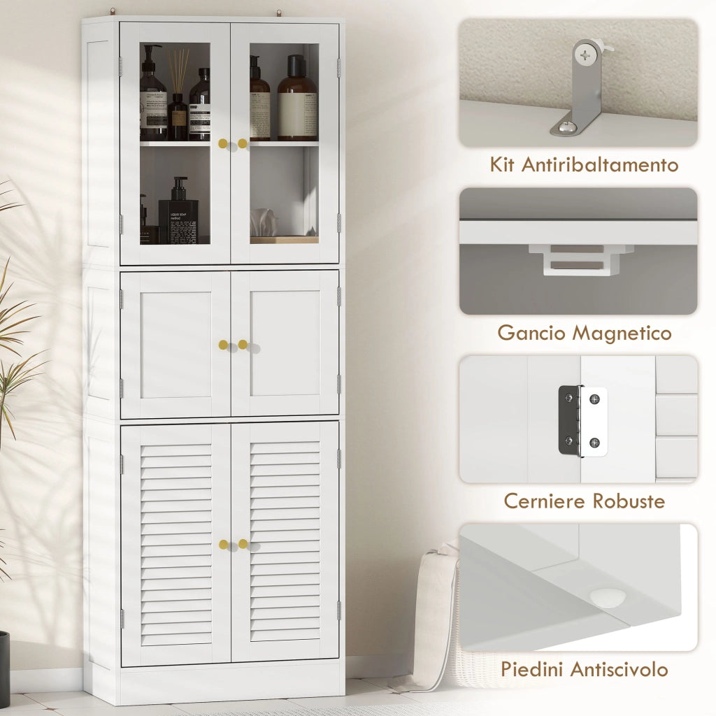 Mobile Bagno 60x30x170 cm con 3 Armadietti a 2 Ante in Vetro e Legno  Bianco