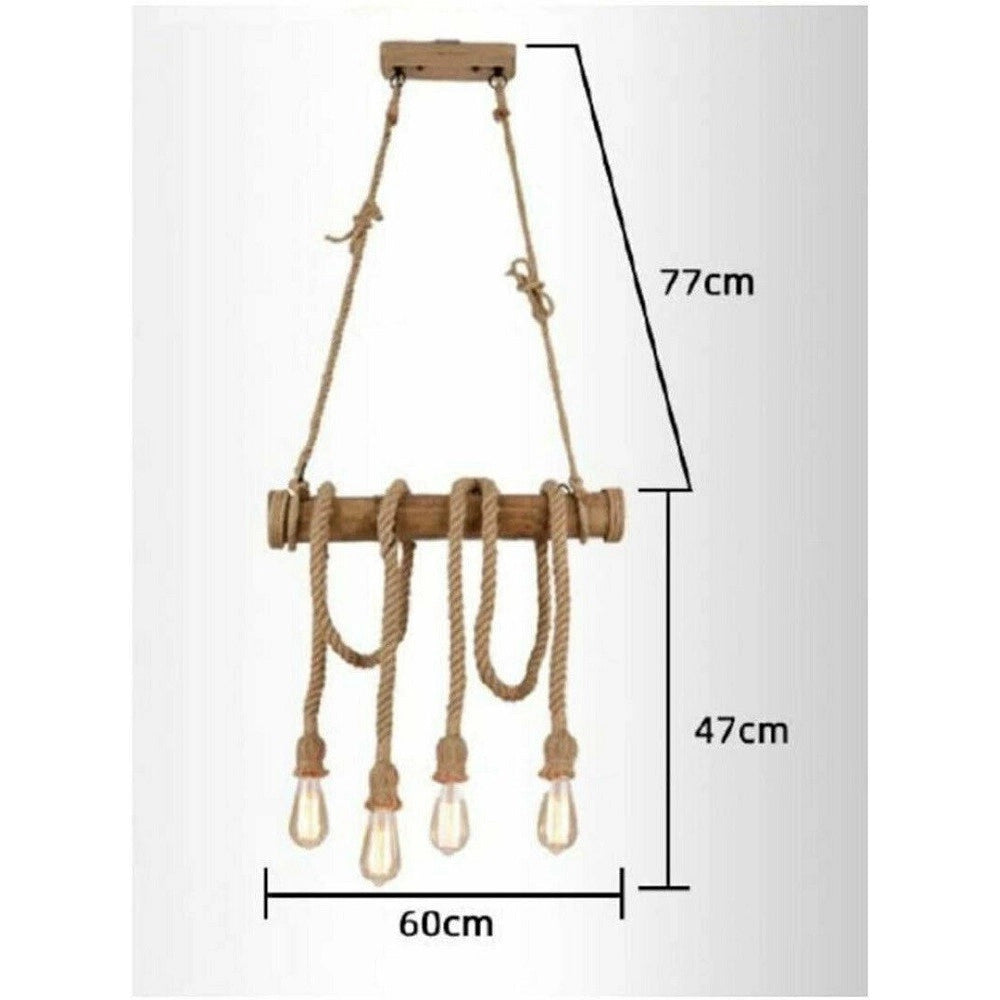 Trade Shop - Lampadario Sospensione Con Corda In Canapa 4 Portalampada E27 Stile Country B23 -