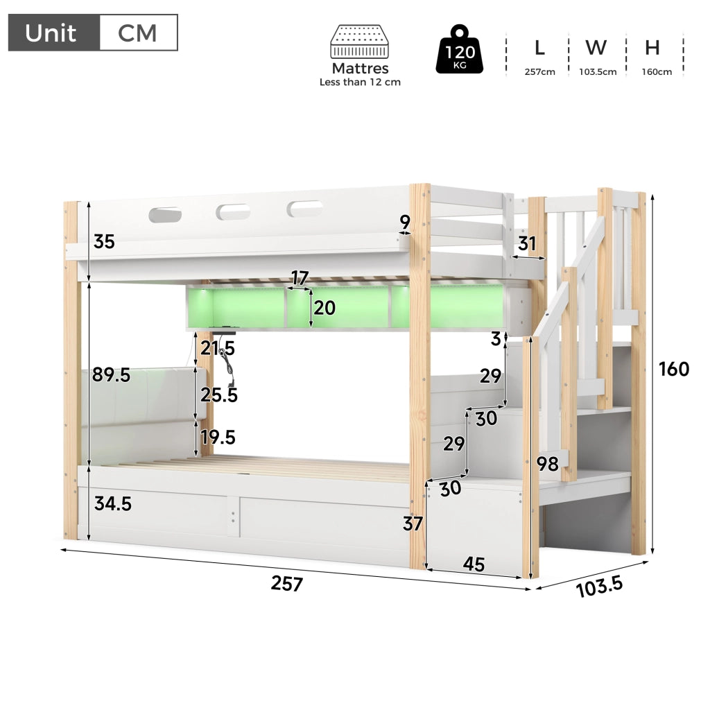 Letto a castello per bambini 90x200 + 90x200 cm con LED, USB, scala contenitore e letto inferiore con contenitore idraulico, bianco