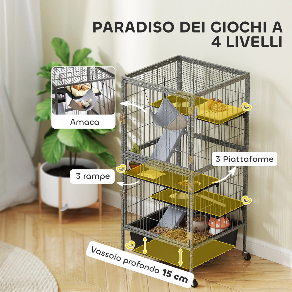 Gabbia per Piccoli Animali a 4 Livelli 52x52x115 cm con Rampe Amaca e Ruote Grigio