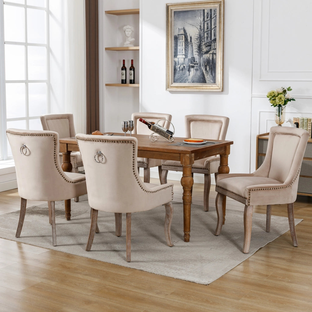 Sedie da Pranzo Imbottite in Velluto con Gambe in Legno Massello ¨C MINIMAL ¨C Beige, Set 6 Pezzi