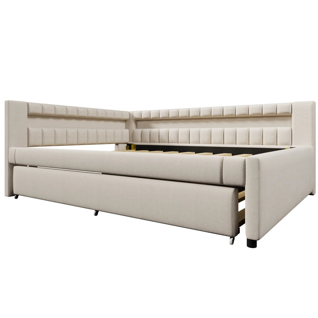 Letto 140x200 cm con LED e letto estraibile; USB e Type-C in lino beige