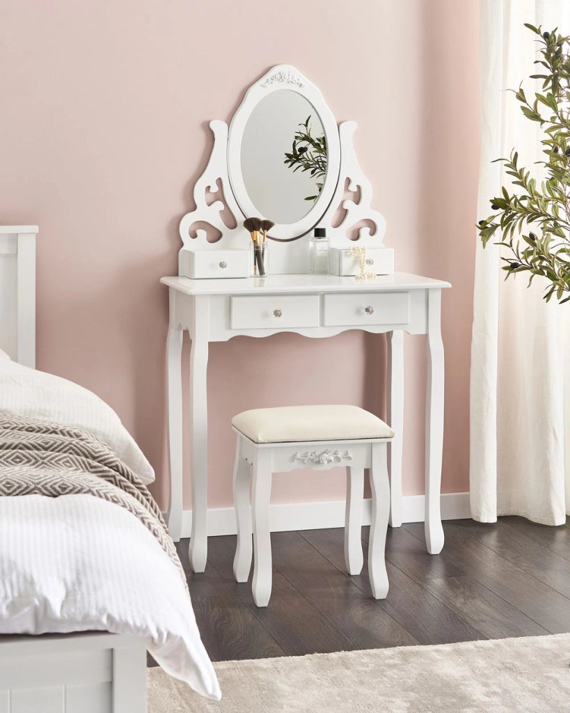 Tavolo da Toeletta Bianco Sgabello Specchio Ovale Inclinabile 4 Cassetti Soggiorno Design Scandinavo