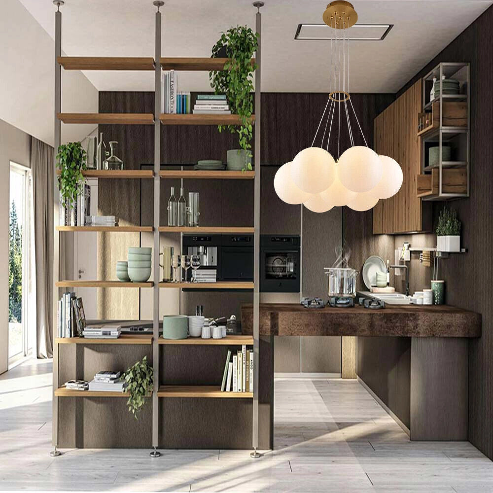 Lampadario a sospensione color bronzo lampada minimal da soffitto con sette sfere bianche opache attacco lampadine G9