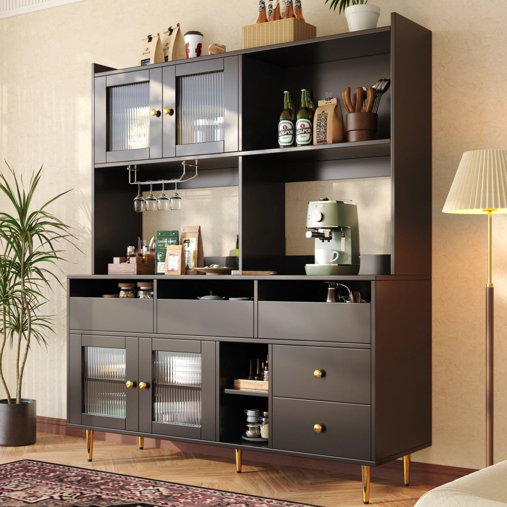 Credenza alta 145x39x171 cm con ante in vetro Changhong; portabottiglie e ripiani multipli in MDF nero