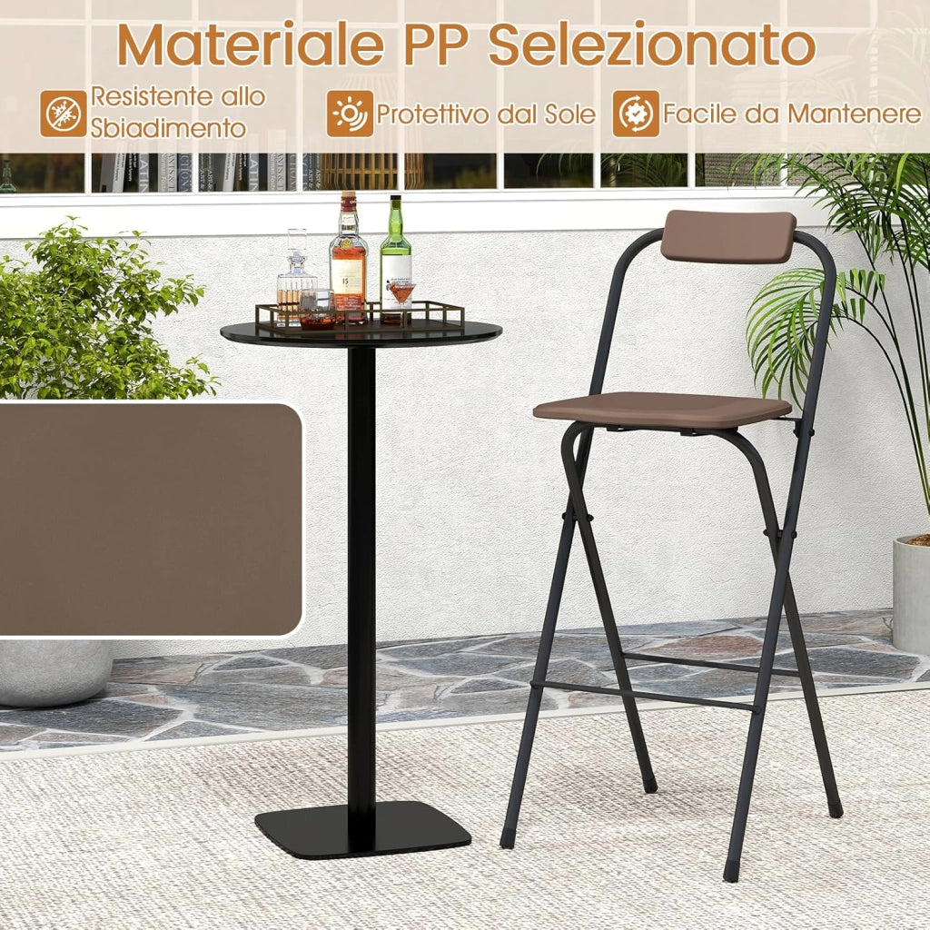 Set di 2 Sgabelli da Bar Pieghevoli, Sedia Alta con Schienale e Poggiapiedi, Struttura in Metallo, per Interno ed Esterno, Portata 150 kg (Marrone)