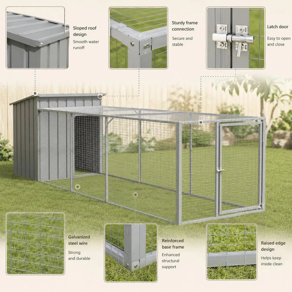 Chicken Cage With Run, Light Grey, 110x405x110 Cm, Galvanized Steel