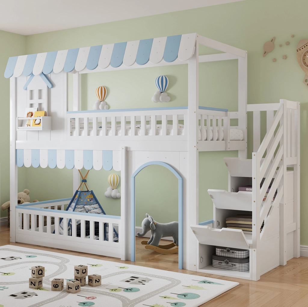 Letto a castello per bambini 90x200 cm bianco e blu con scala