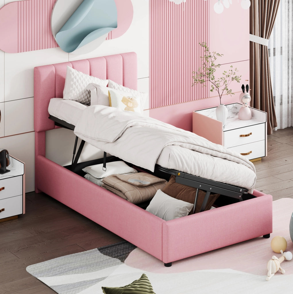 Letto per bambini 90x200 cm con contenitore idraulico in lino rosa e struttura in MDF