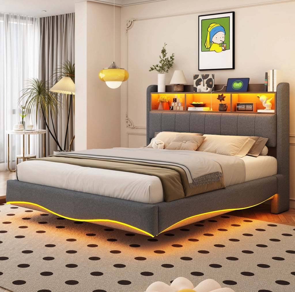 Letto imbottito sospeso 140x200 cm con LED; porte USB e Type-C; tessuto effetto lino grigio