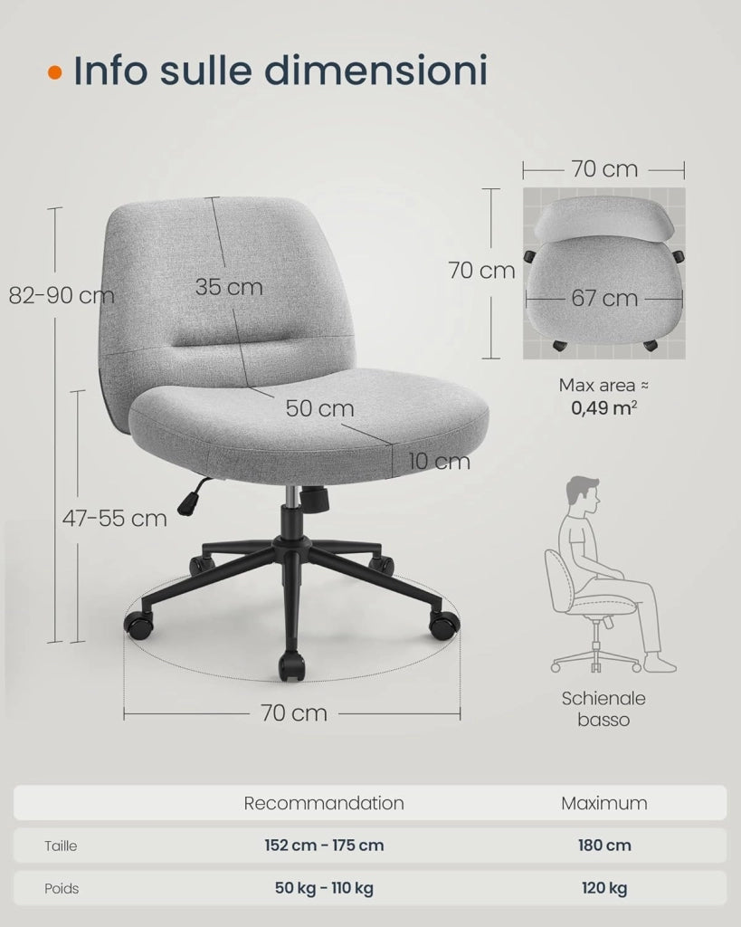 SONGMICS HOME Sedia da Ufficio, Sedia da Studio Girevole, Stile Contemporaneo con Base a Stella, Seduta Ampia e Confortevole, Altezza Regolabile, Tessuto Cotone-lino, Grigio Tortora OBG047G01