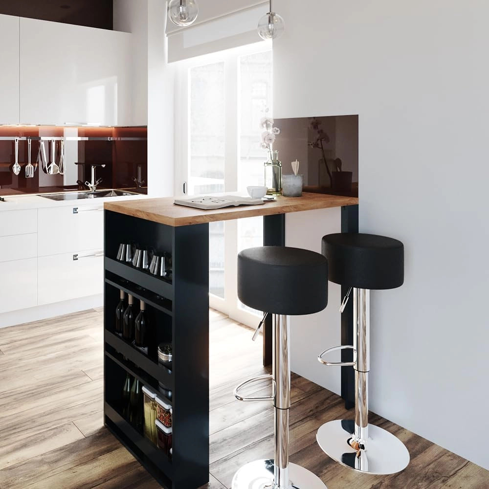 Tavolo bar alto, Rovere, 57 x 117 cm, con ripiani aperti per riporre utensili da cucina