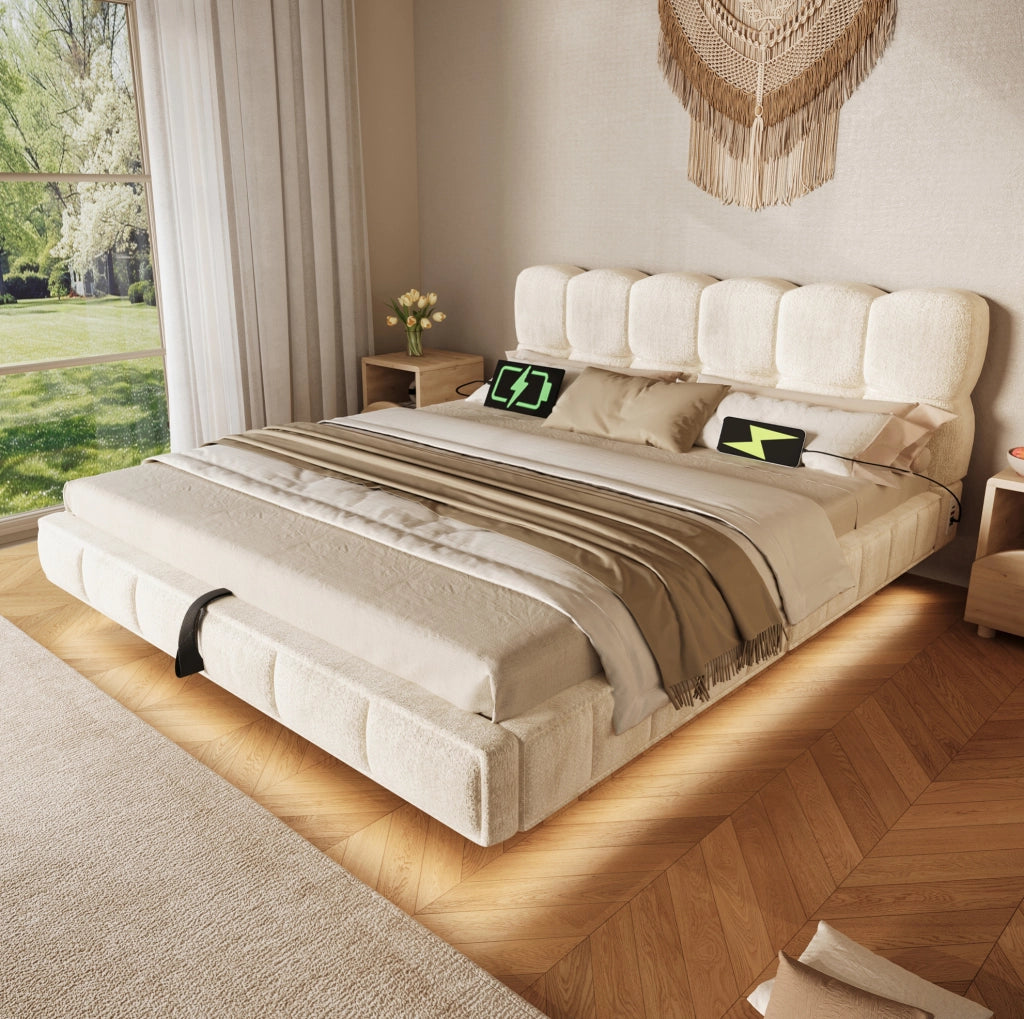 Letto imbottito 140x190 cm con contenitore idraulico, LED, USB e Type-C beige